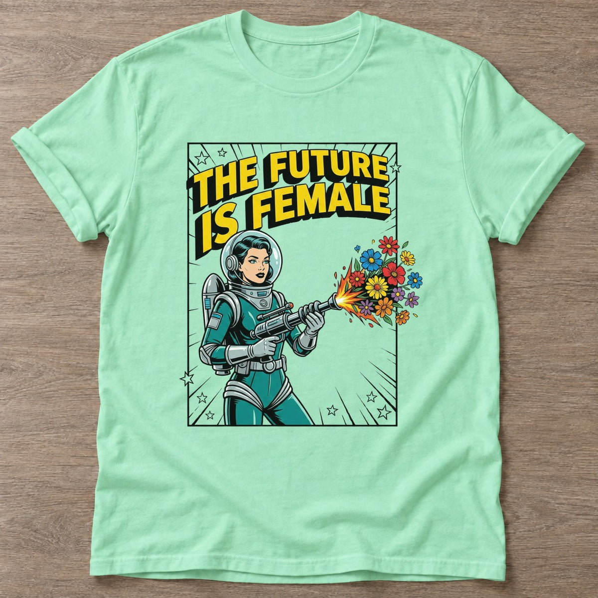 Mint Green Flower Power Astronaut T-shirt — floral strength design, for women who train
