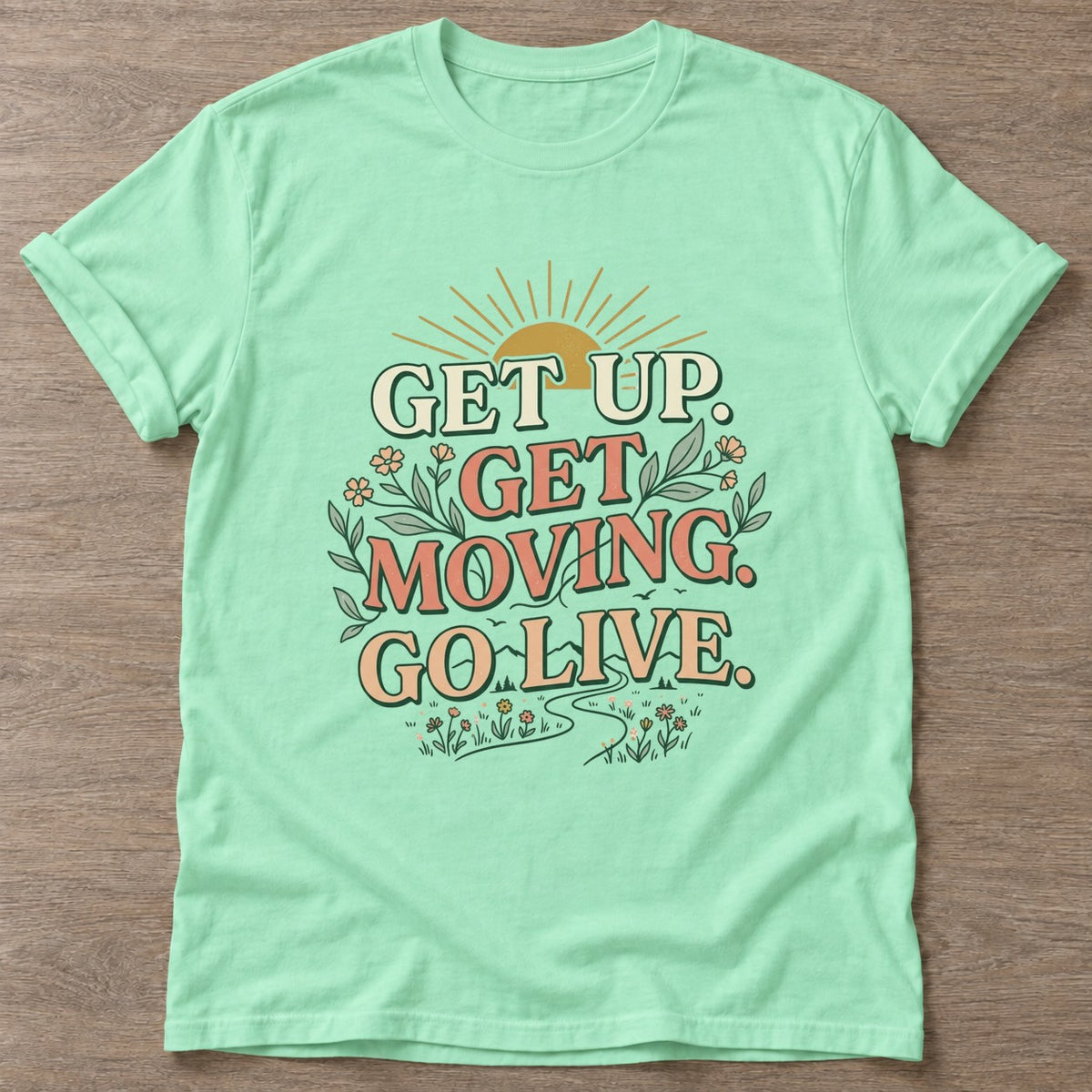 Mint Green Morning Momentum T-shirt — motivational slogan design, for women who train