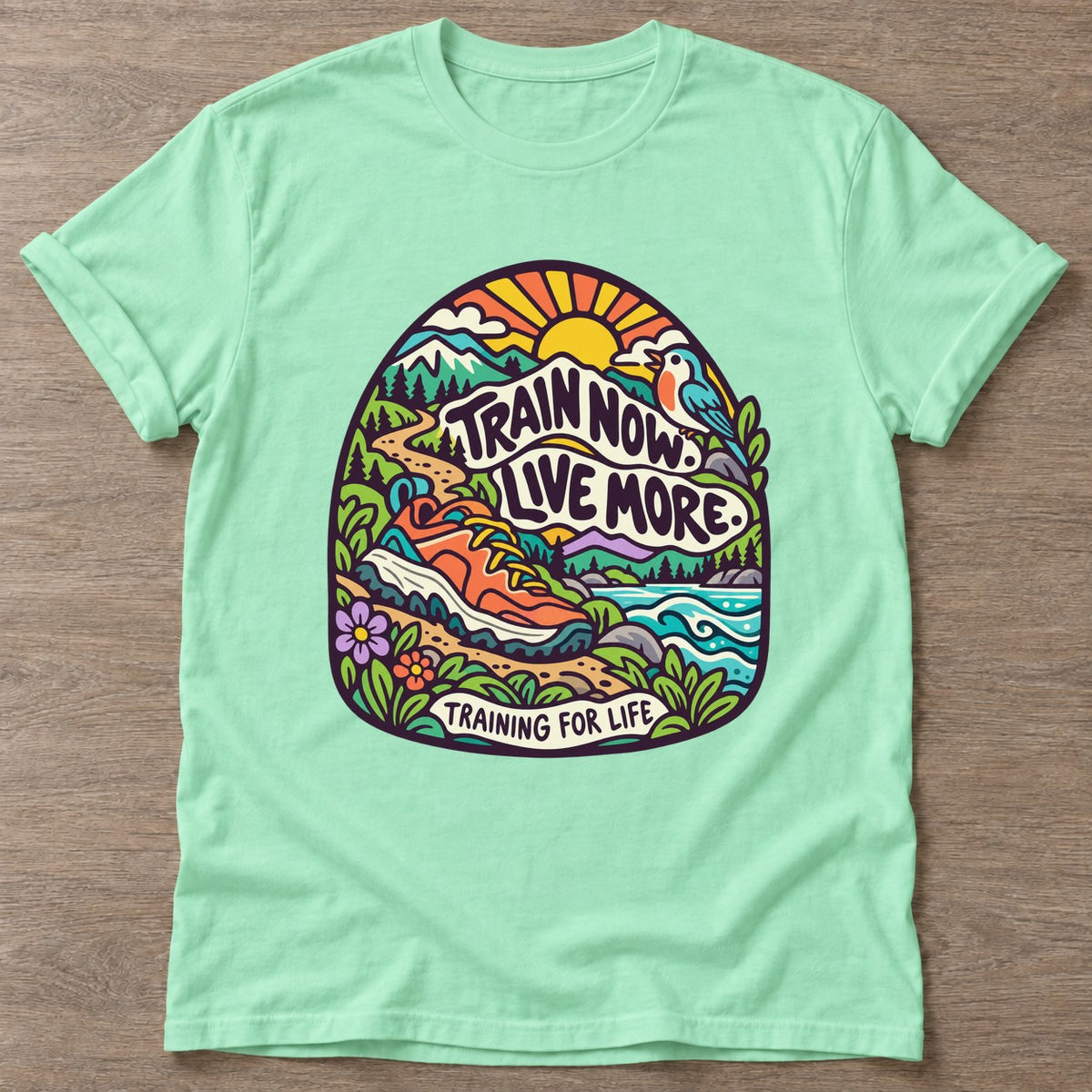 Mint Green Training For Life T-shirt — longevity training design, for women over 40