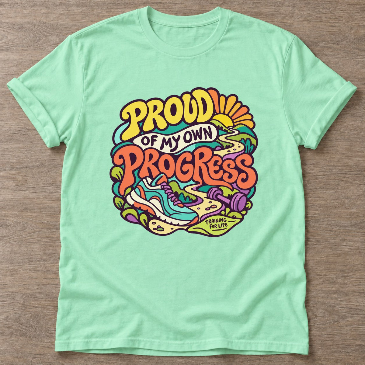 Mint Green Proud Progress T-shirt — growth mindset design, for women building a habit