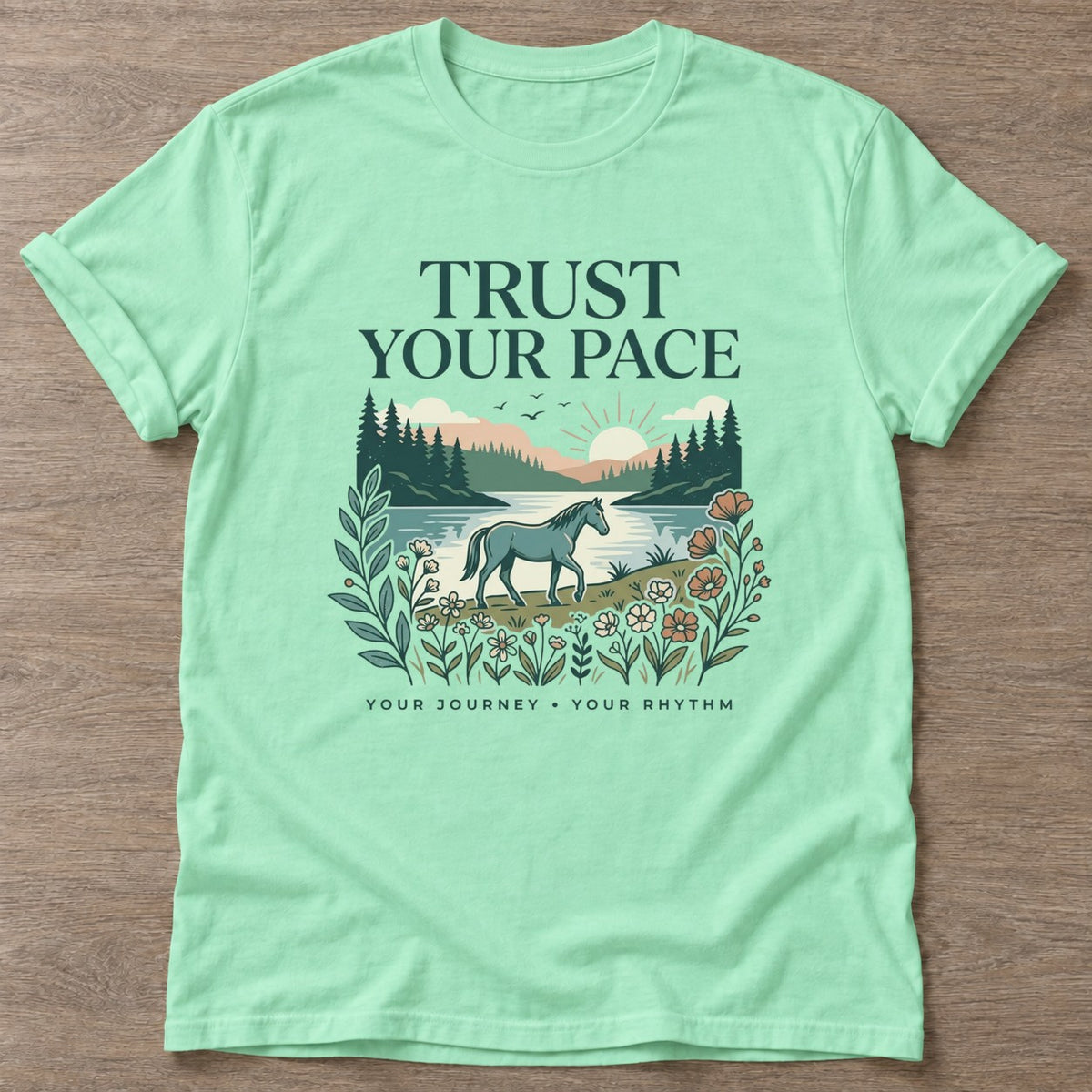 Mint Green Journey Rhythm T-shirt — motivational slogan design, for women who train