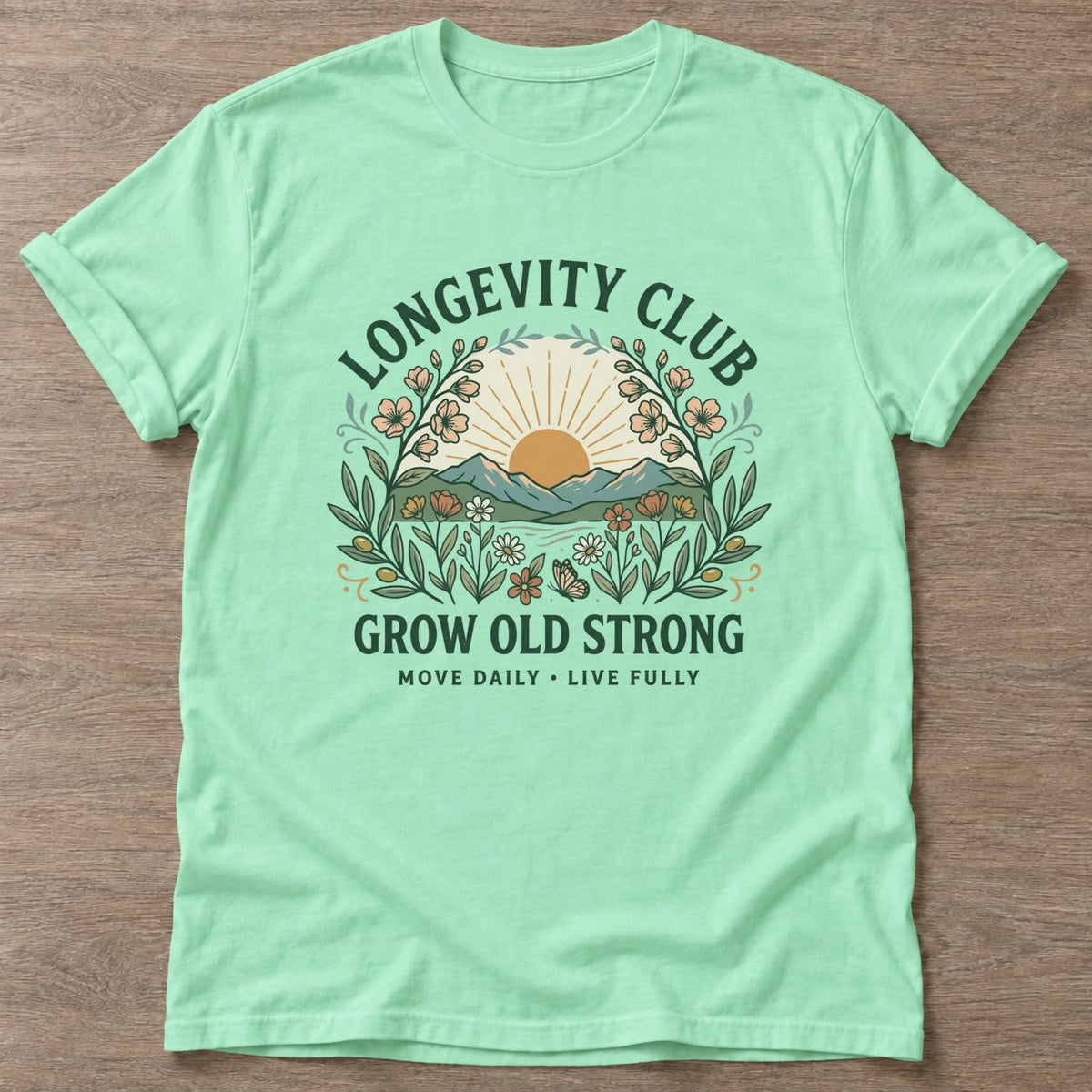 Mint Green Botanical Aging T-shirt — longevity training design, for women over 40