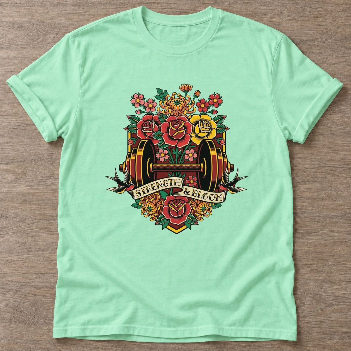 Mint Green Blossom Gains T-shirt — floral strength design, for women who train