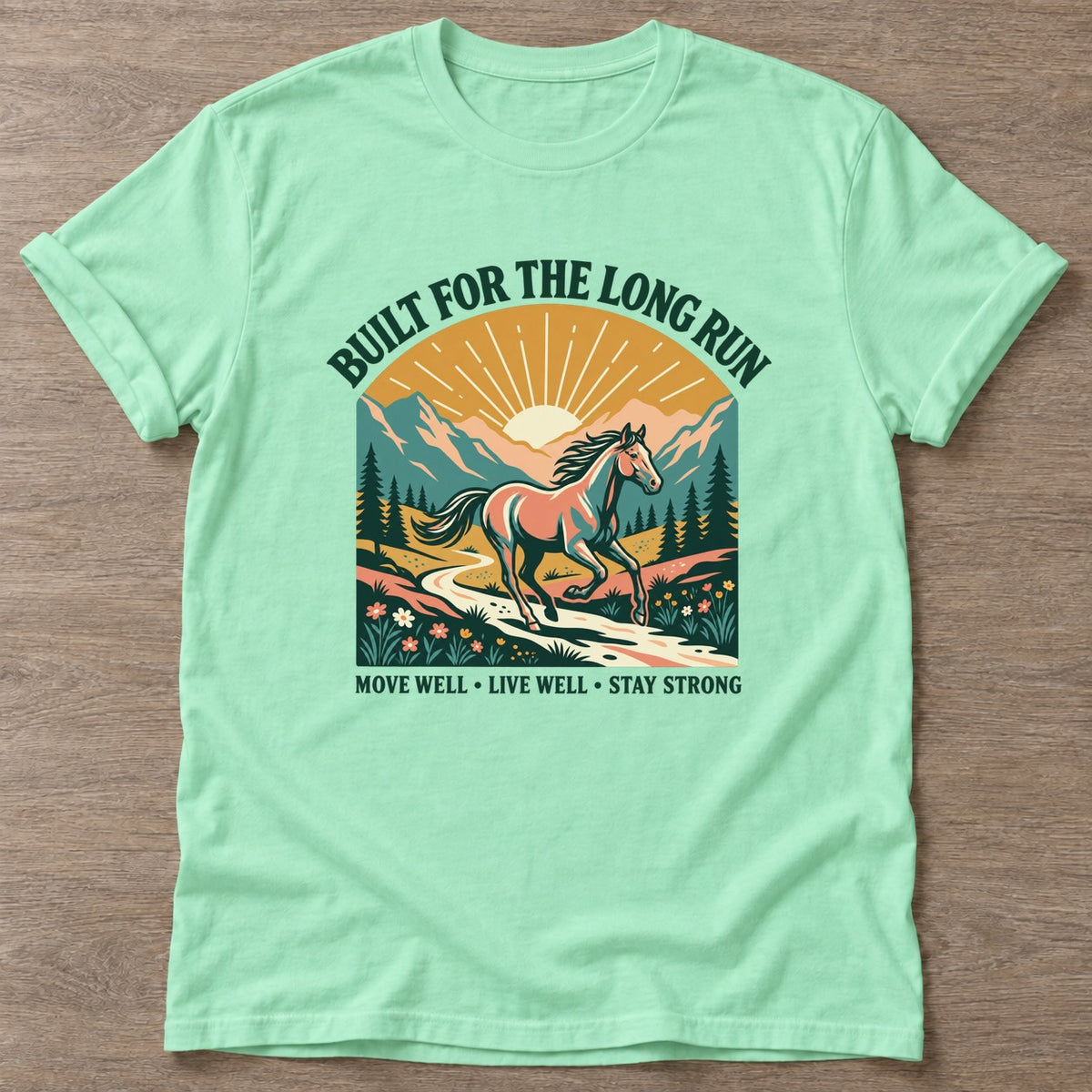 Mint Green Long Run Horse T-shirt — running design, for women who run