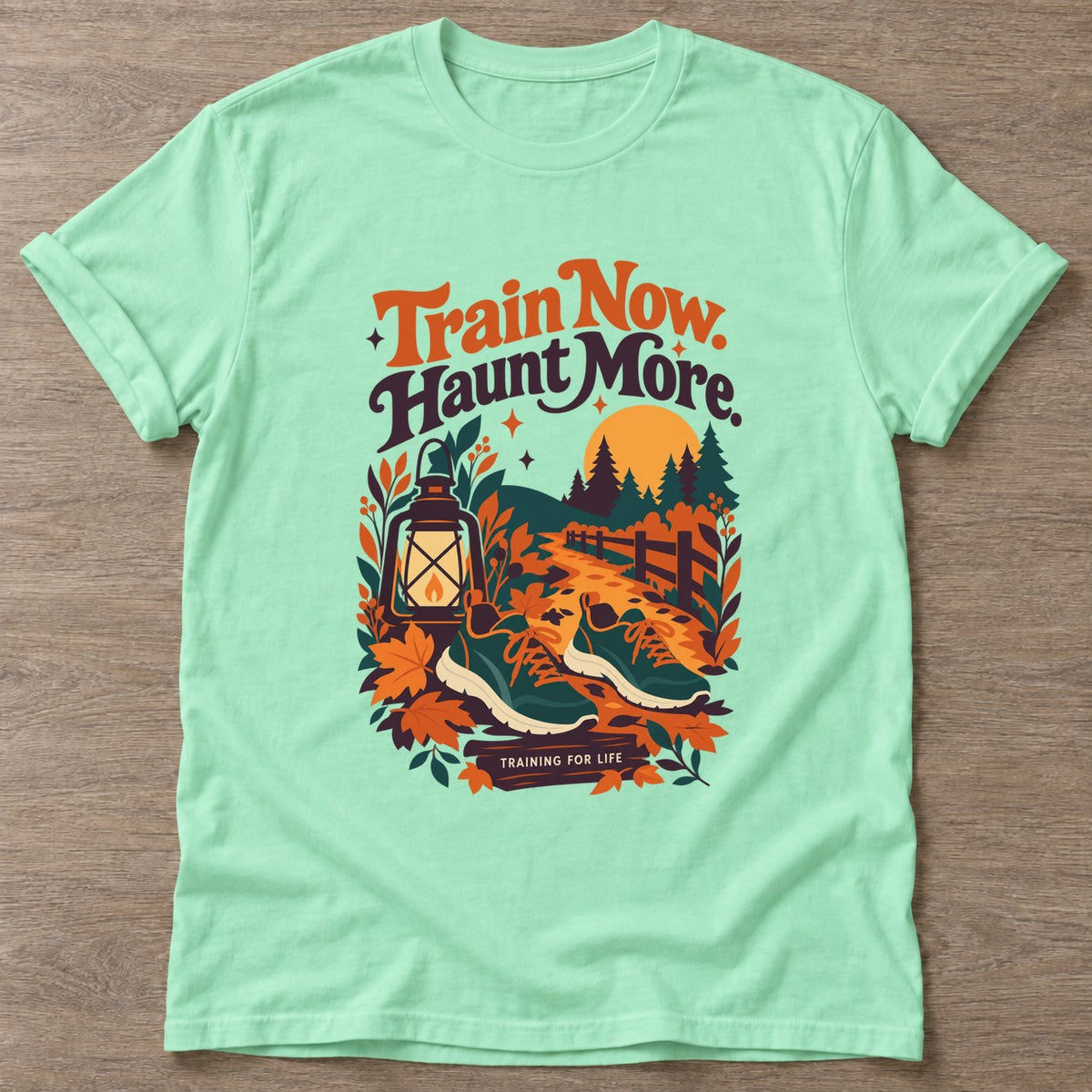 Mint Green Autumn Hustle T-shirt — motivational slogan design, for women who train