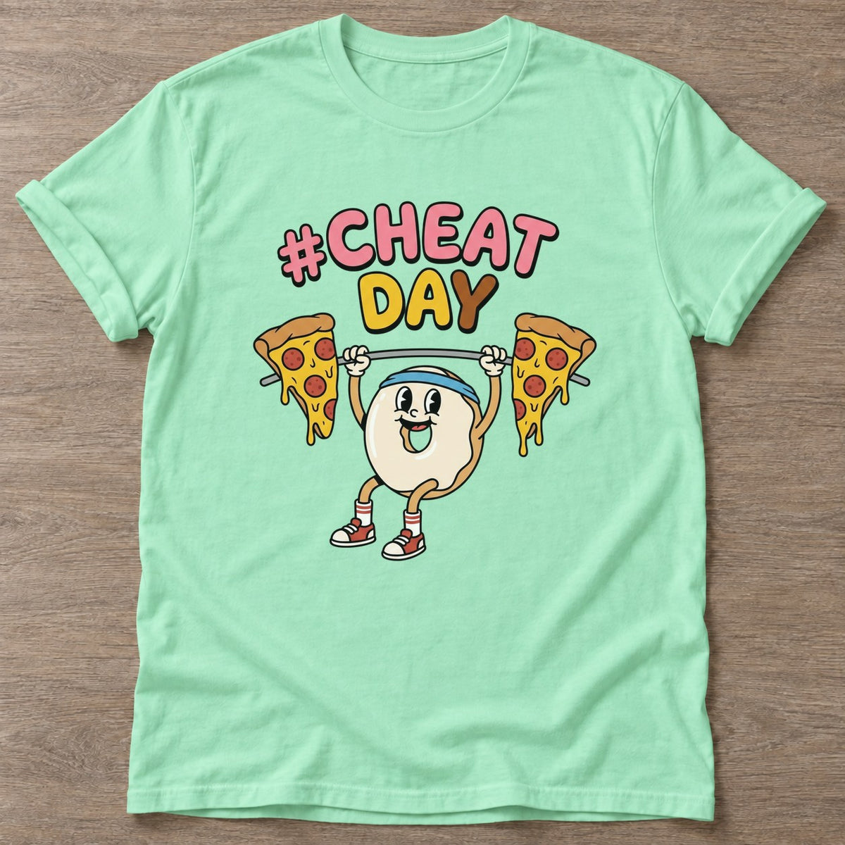 Mint Green Pizza Lift T-shirt — funny gym slogan, for women who train and laugh about it