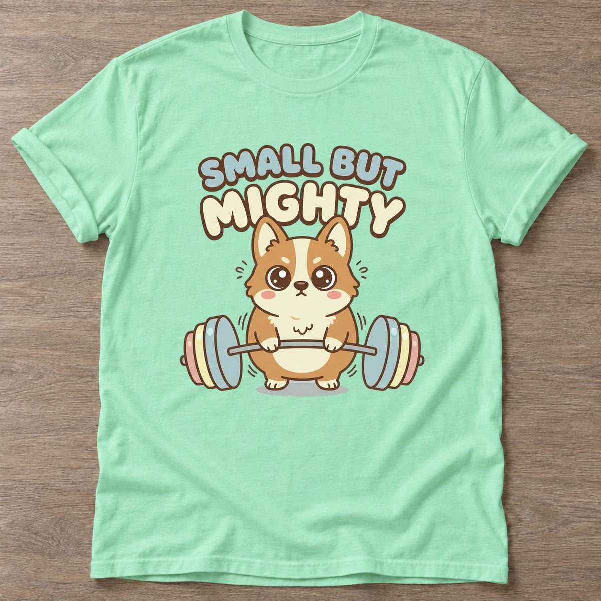Mint Green Mighty Corgi T-shirt — funny gym slogan, for women who train and laugh about it