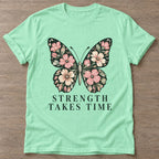 Mint Green Bloom Patience T-shirt — floral strength design, for women who train