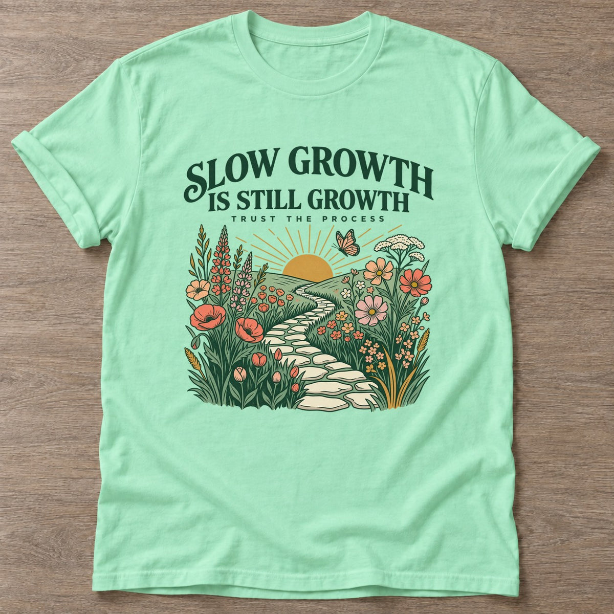 Mint Green Blooming Path T-shirt — floral strength design, for women who train