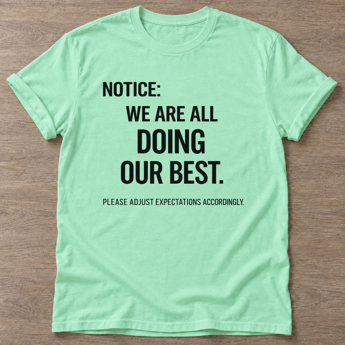 Mint Green Realistic Standards T-shirt — funny gym slogan, for women who train and laugh about it