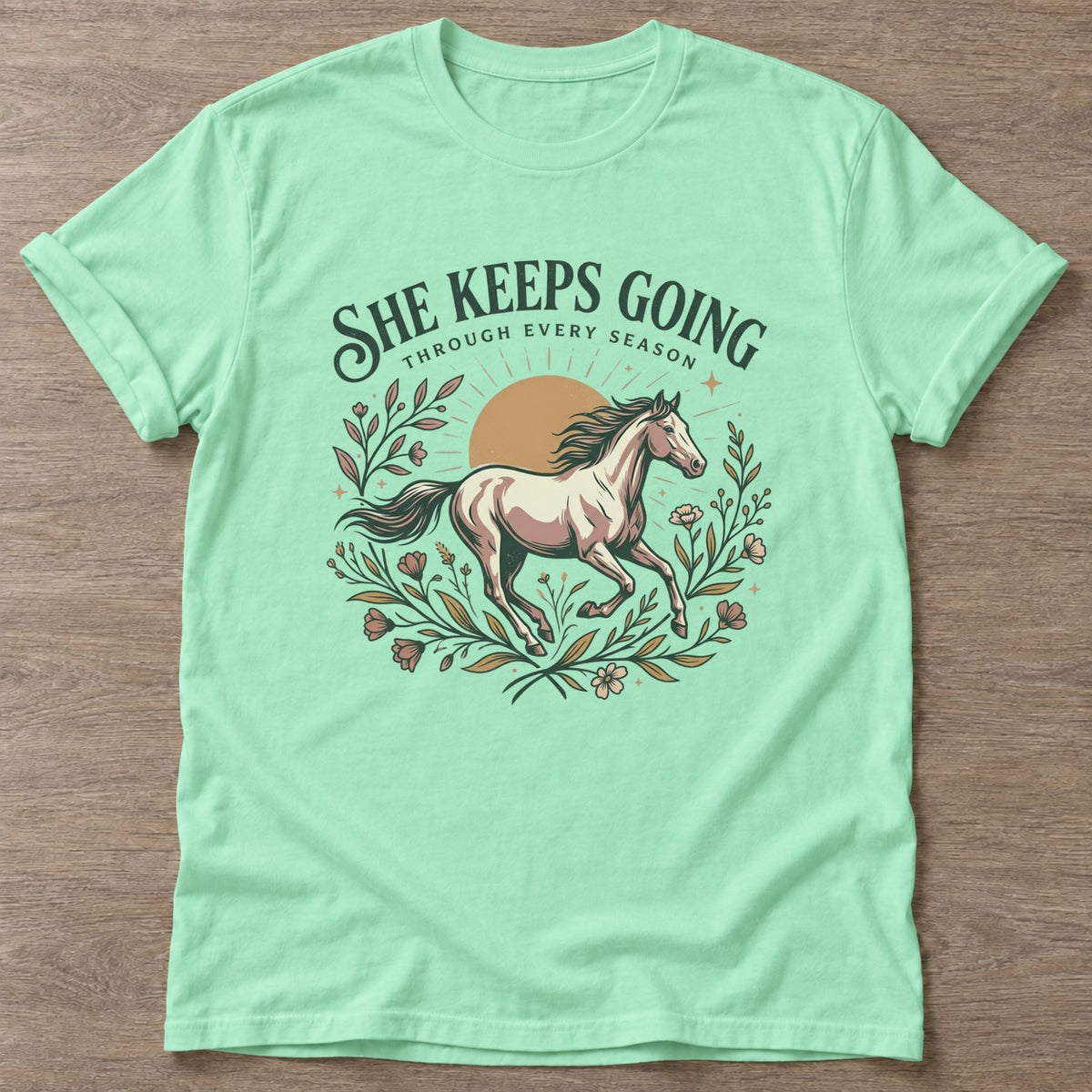 Mint Green Through Every Season T-shirt — longevity training design, for women over 40