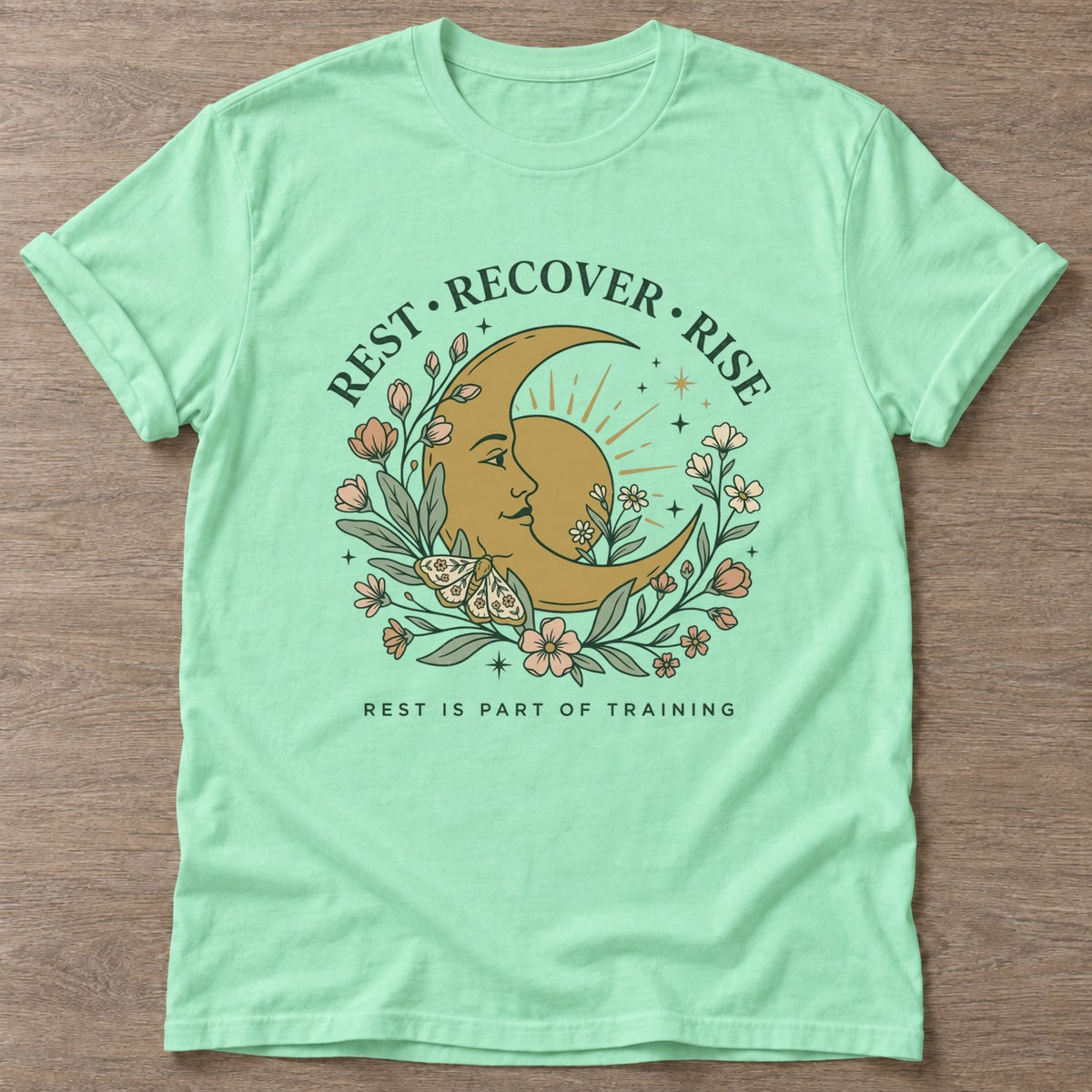 Mint Green Celestial Recovery T-shirt — rest and recovery design, for women who train