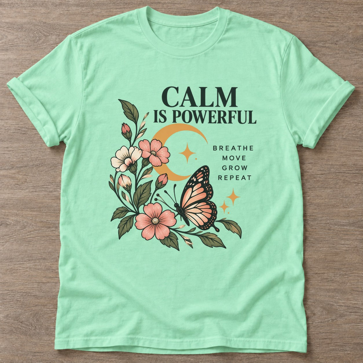 Mint Green Mindful Bloom T-shirt — floral strength design, for women who train