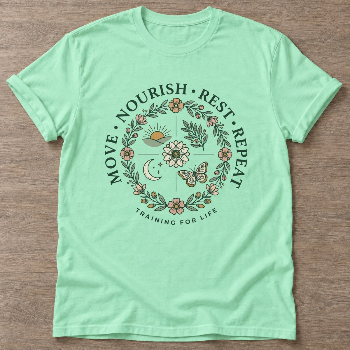 Mint Green Nourish Repeat T-shirt — rest and recovery design, for women who train