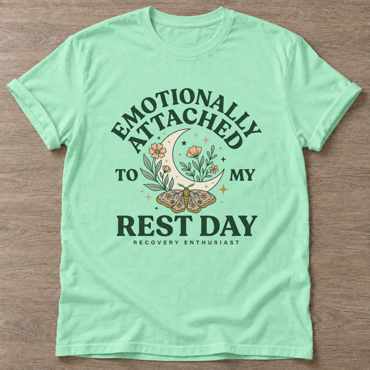 Mint Green Moth Moon Mood T-shirt — rest and recovery design, for women who train