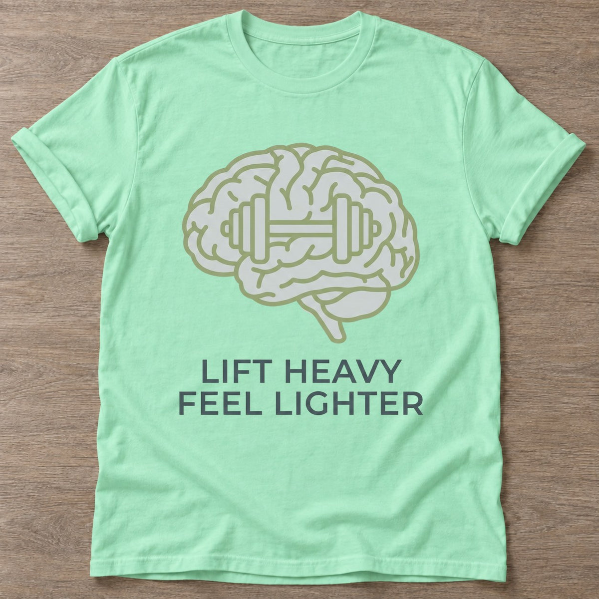 Mint Green Mind Over Matter T-shirt — motivational slogan design, for women who train