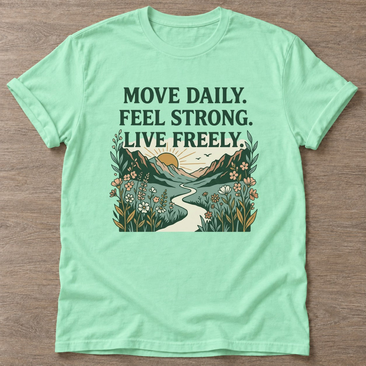 Mint Green Live Freely T-shirt — motivational slogan design, for women who train