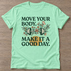 Mint Green Dumbbell Bloom T-shirt — floral strength design, for women who train