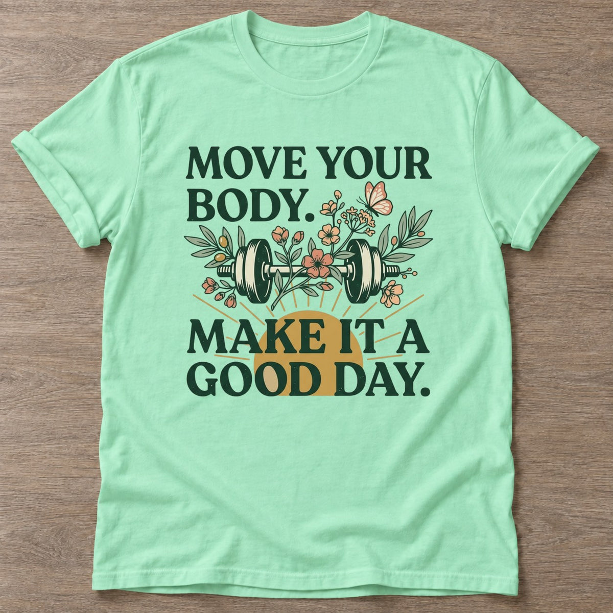 Mint Green Dumbbell Bloom T-shirt — floral strength design, for women who train