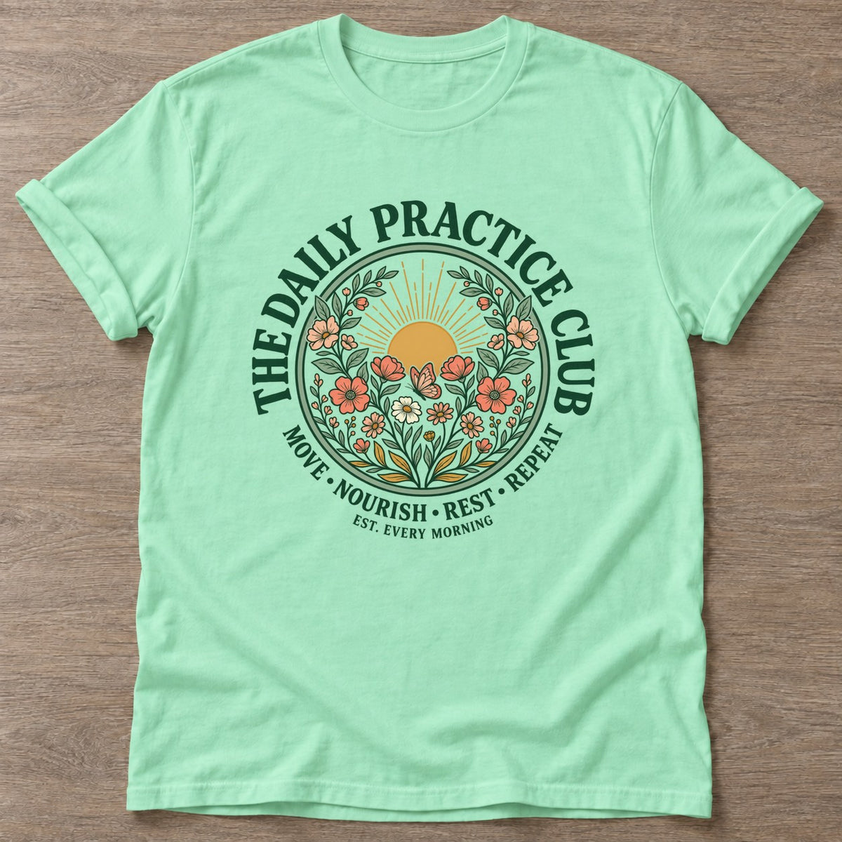 Mint Green Bloom Repeat T-shirt — floral strength design, for women who train