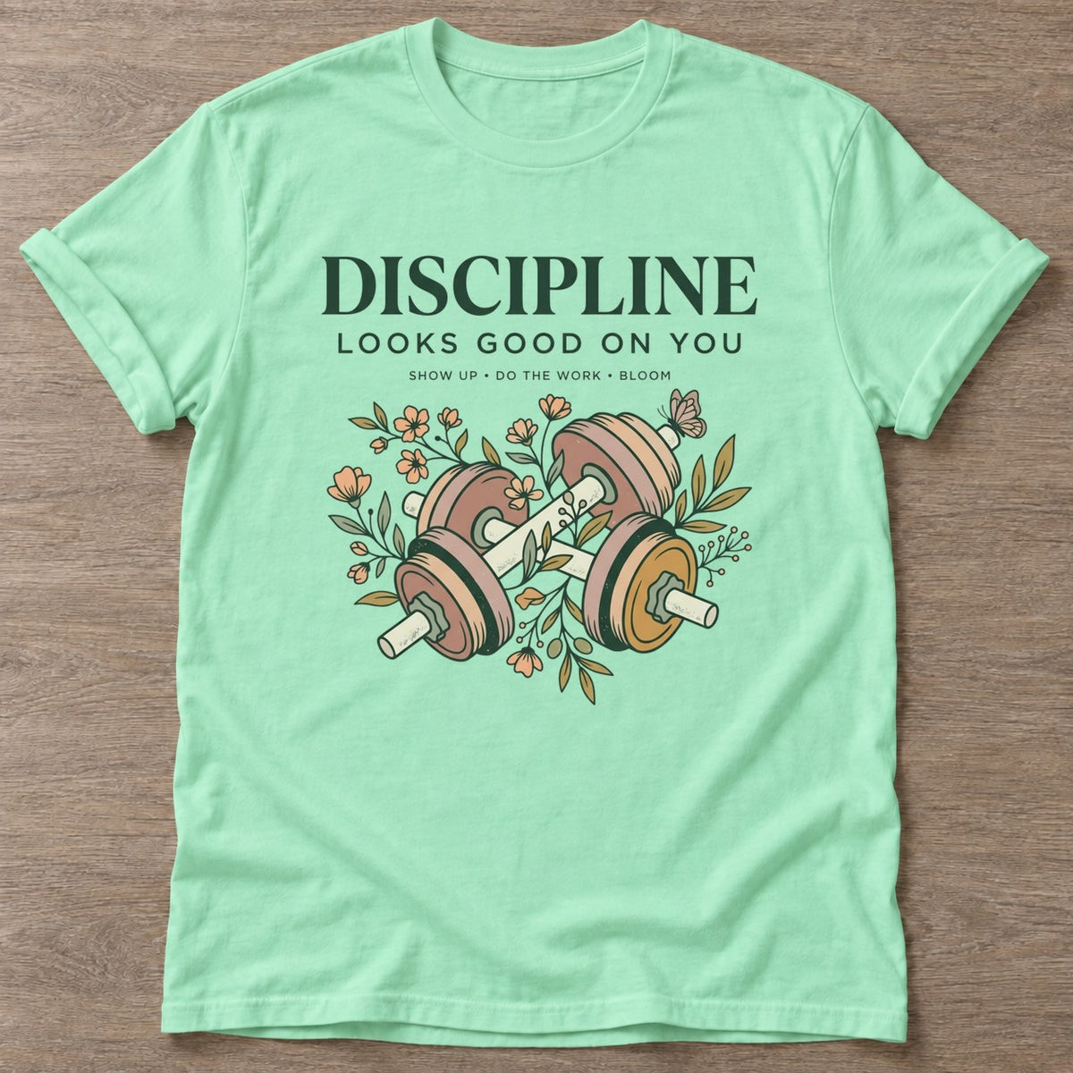 Mint Green Show Up Bloom T-shirt — floral strength design, for women who train
