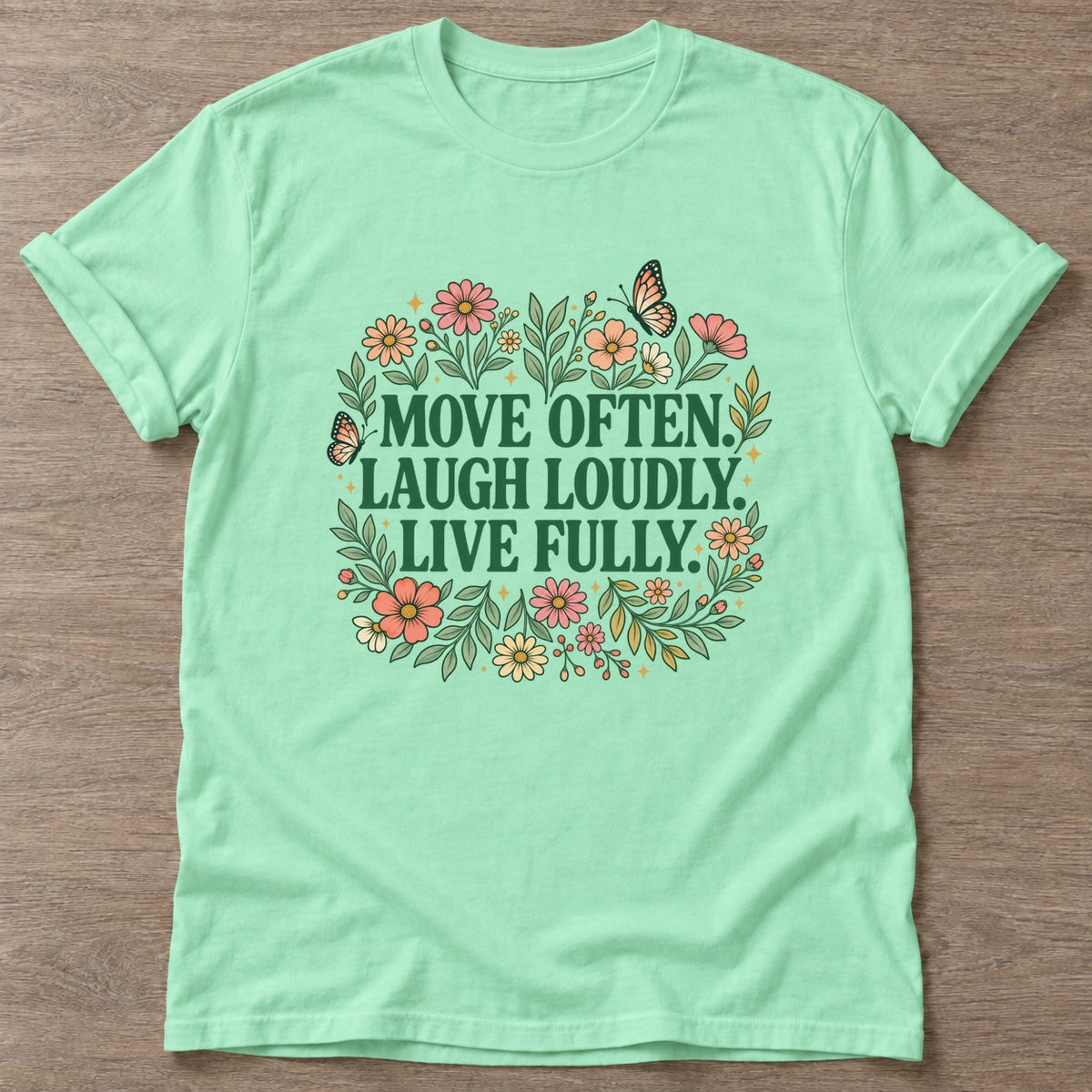 Mint Green Bloom In Motion T-shirt — floral strength design, for women who train