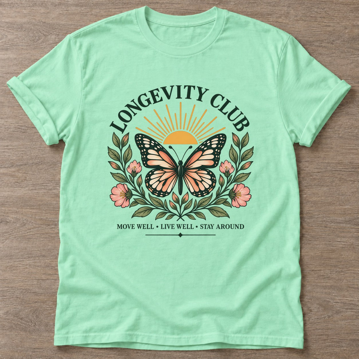 Mint Green Butterfly Longevity T-shirt — longevity training design, for women over 40