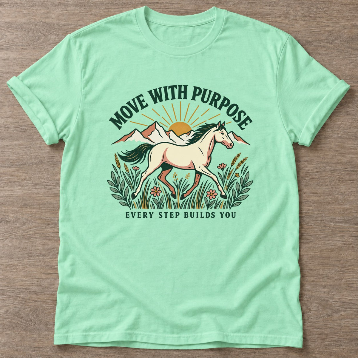 Mint Green Purpose Rider T-shirt — motivational slogan design, for women who train
