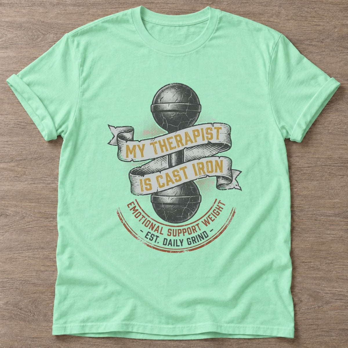 Mint Green Cast Iron Therapy T-shirt — weightlifting design, for women who lift