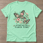 Mint Green Strength Takes Time T-shirt — longevity training design, for women over 40
