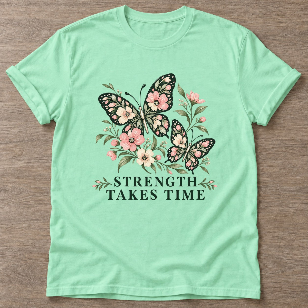 Mint Green Strength Takes Time T-shirt — longevity training design, for women over 40