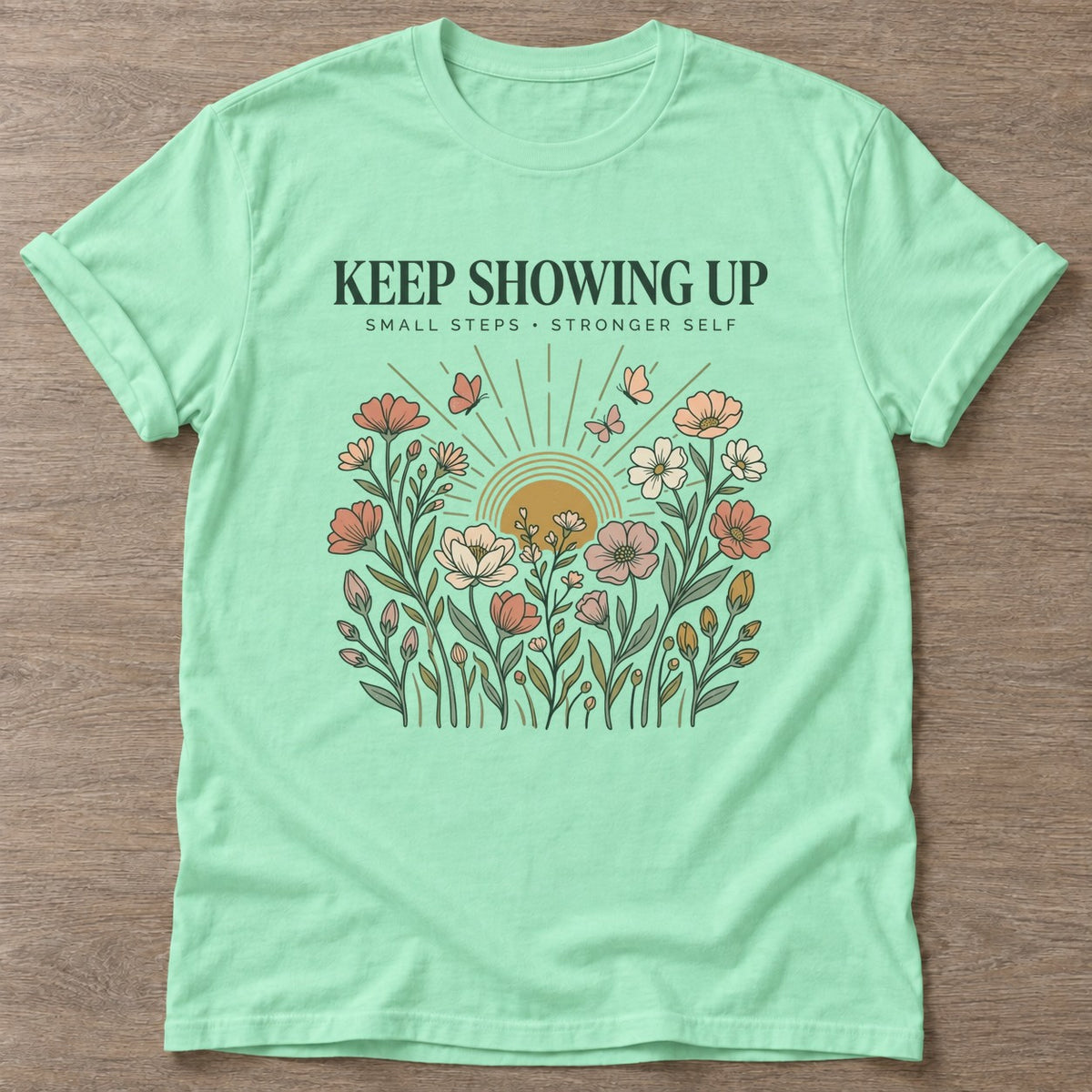 Mint Green Small Steps Strong T-shirt — motivational slogan design, for women who train