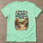 Mint Green Scenic Spooky Route T-shirt — walking club design, for women who walk