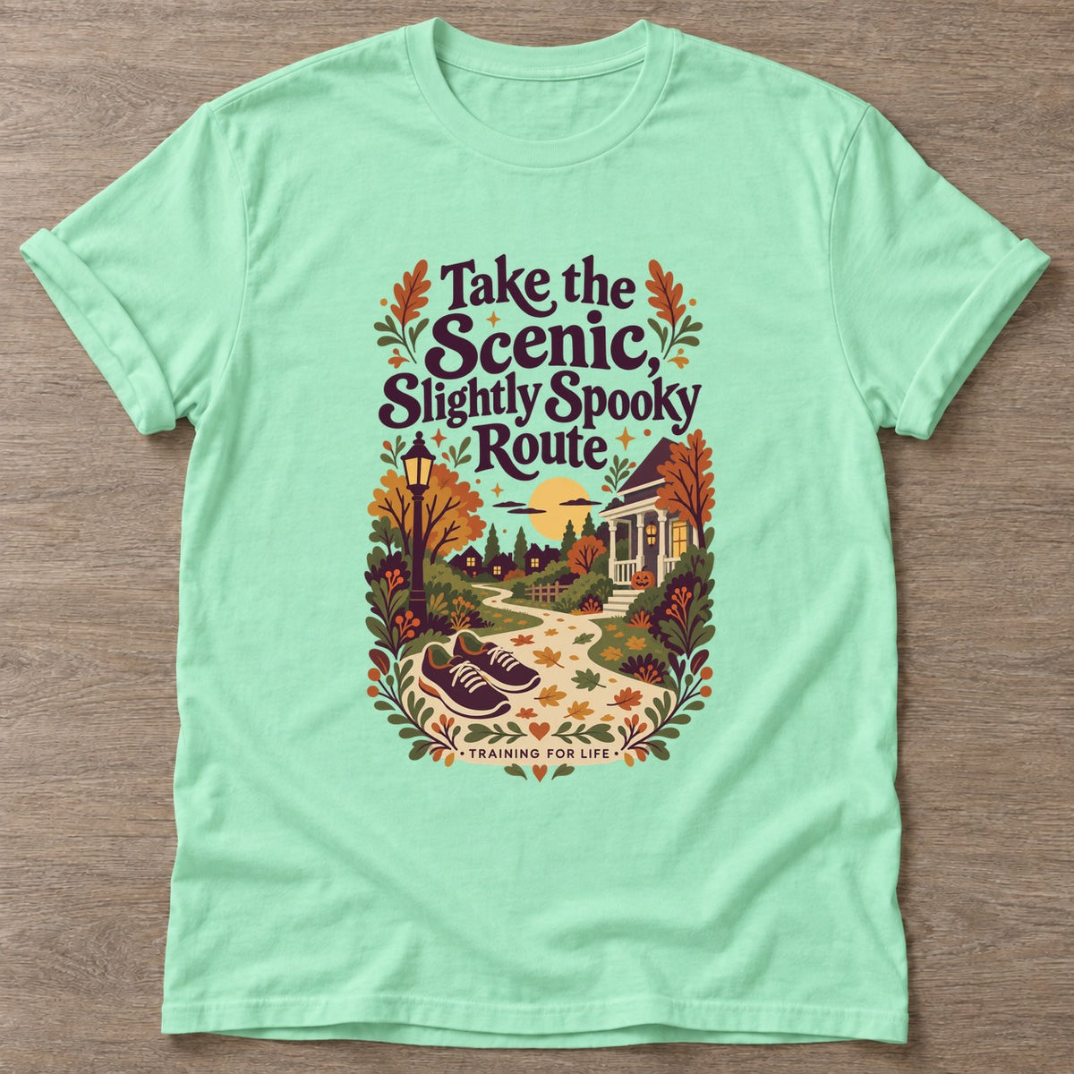 Mint Green Scenic Spooky Route T-shirt — walking club design, for women who walk