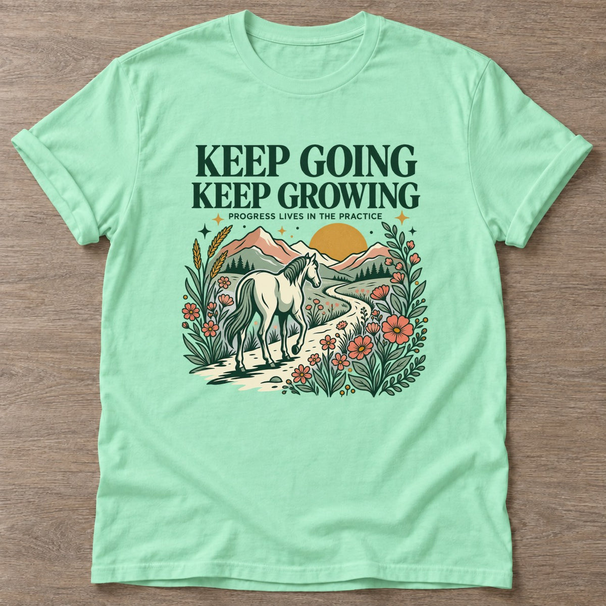 Mint Green Progress Practice T-shirt — growth mindset design, for women building a habit