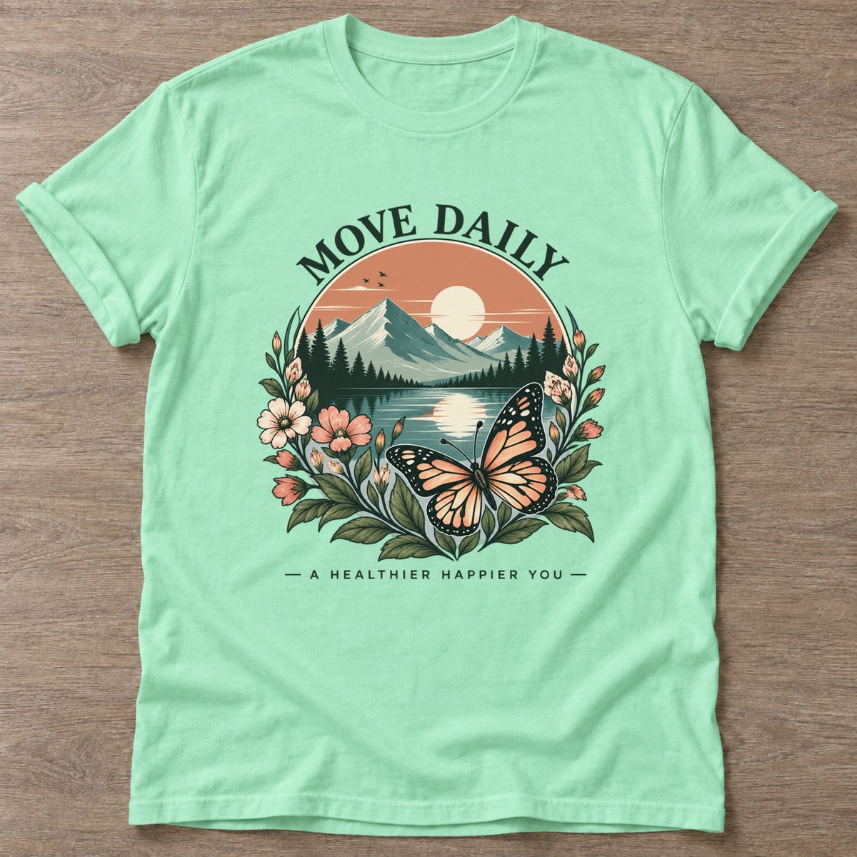 Mint Green Mountain Bloom T-shirt — floral strength design, for women who train