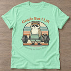 Mint Green Lifting Raccoon T-shirt — funny gym slogan, for women who train and laugh about it