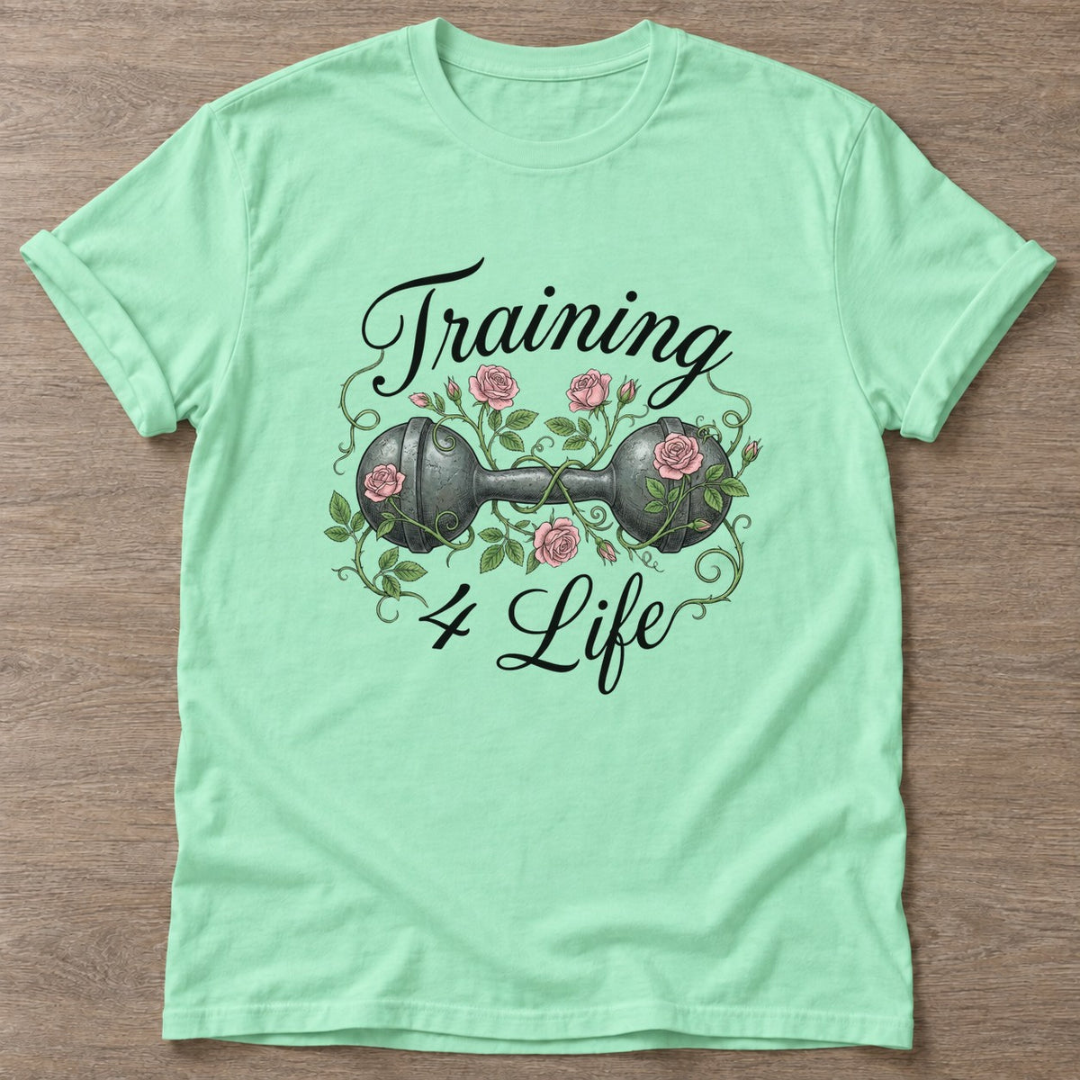 Mint Green Iron Rose T-shirt — floral strength design, for women who train