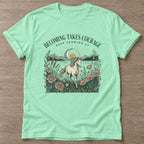 Mint Green Courage In Motion T-shirt — motivational slogan design, for women who train