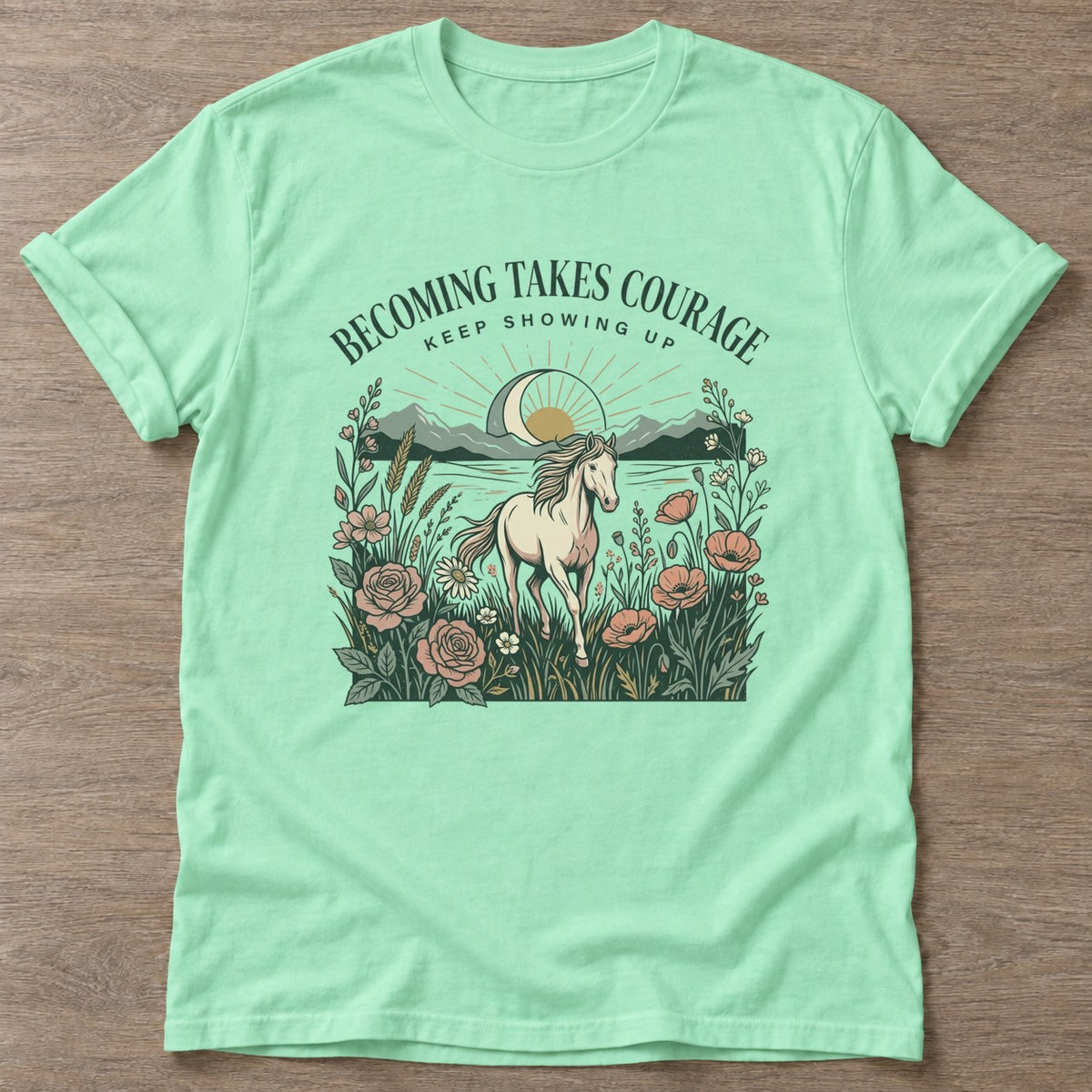 Mint Green Courage In Motion T-shirt — motivational slogan design, for women who train