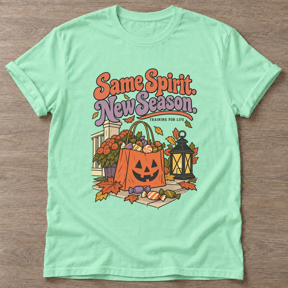 Mint Green Autumn Harvest T-shirt — motivational slogan design, for women who train