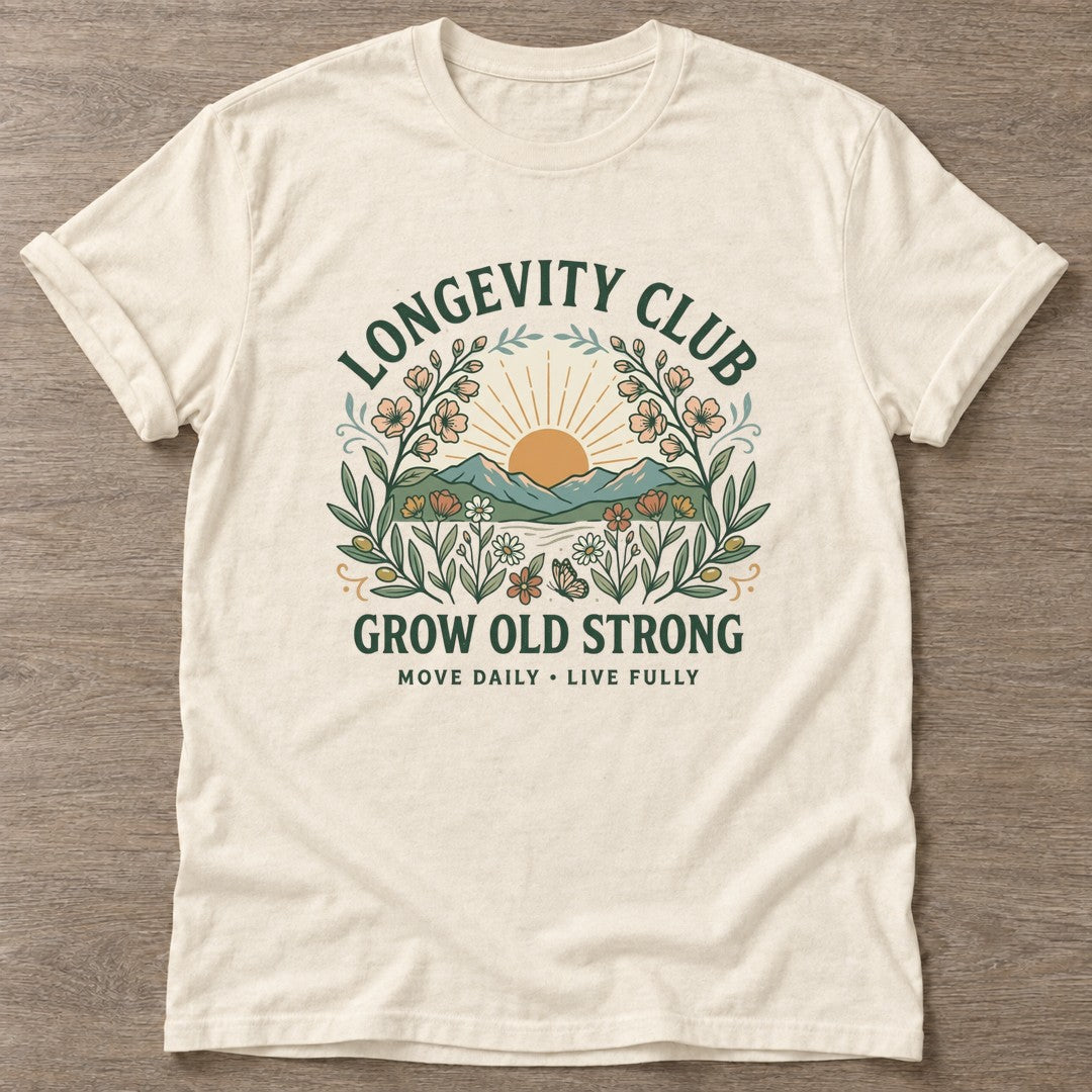Natural Botanical Aging T-shirt — longevity training design, for women over 40