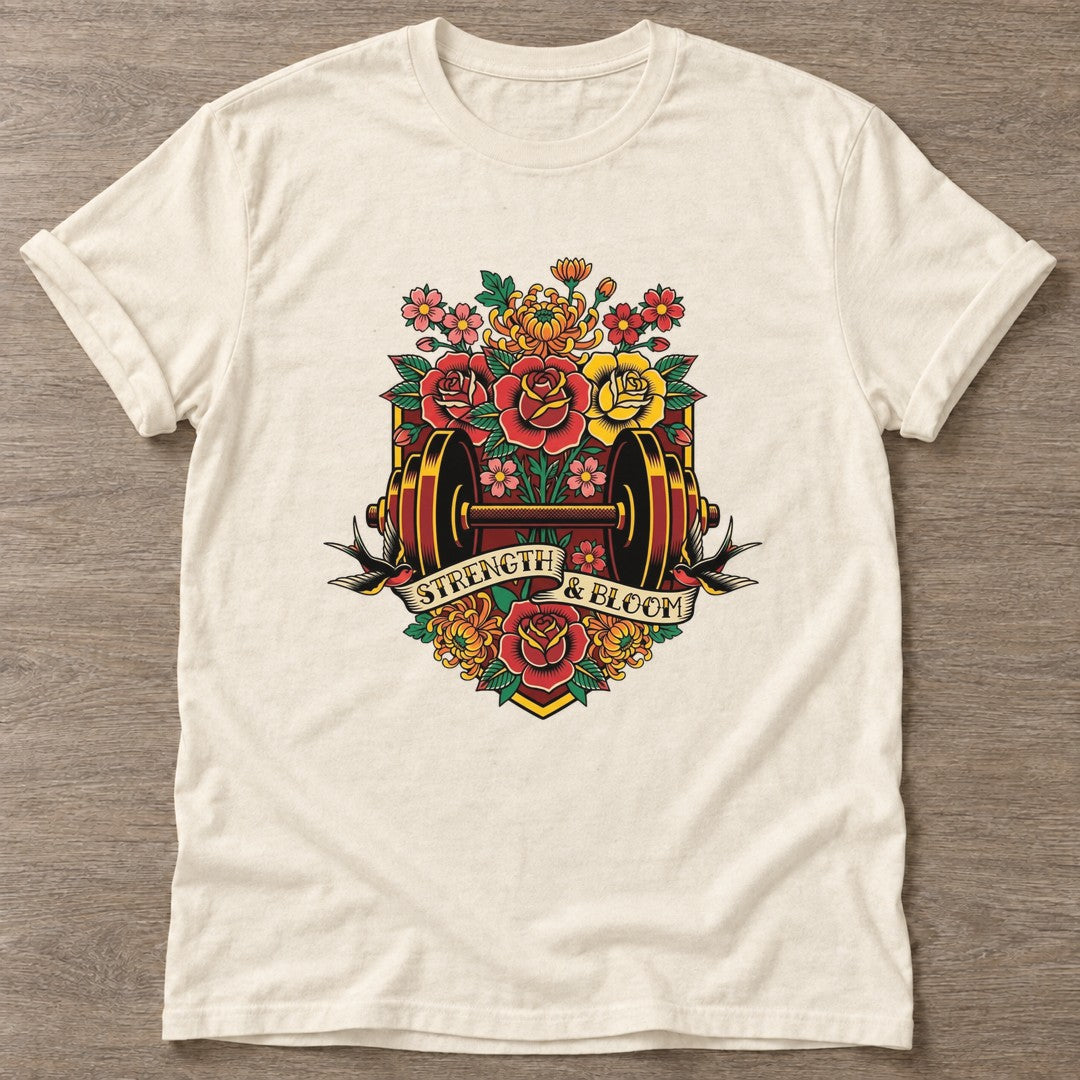 Natural Blossom Gains T-shirt — floral strength design, for women who train