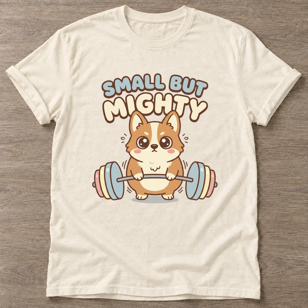 Natural Mighty Corgi T-shirt — funny gym slogan, for women who train and laugh about it