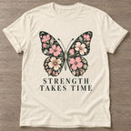 Natural Bloom Patience T-shirt — floral strength design, for women who train