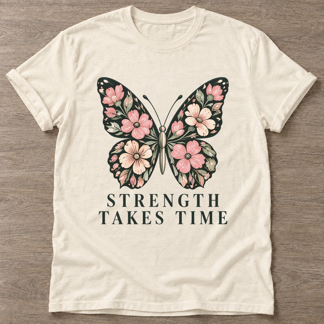 Natural Bloom Patience T-shirt — floral strength design, for women who train