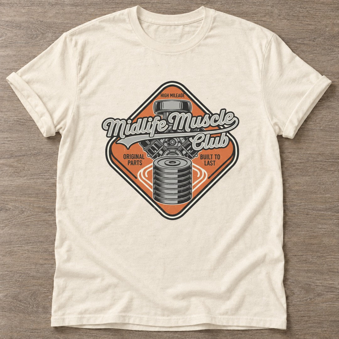 Natural High Mileage Garage T-shirt — longevity training design, for women over 40