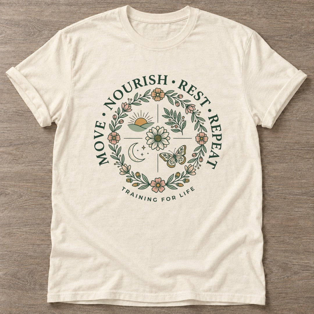 Natural Nourish Repeat T-shirt — rest and recovery design, for women who train