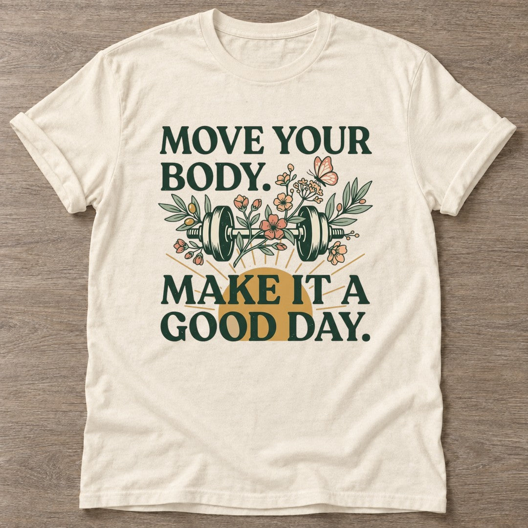 Natural Dumbbell Bloom T-shirt — floral strength design, for women who train