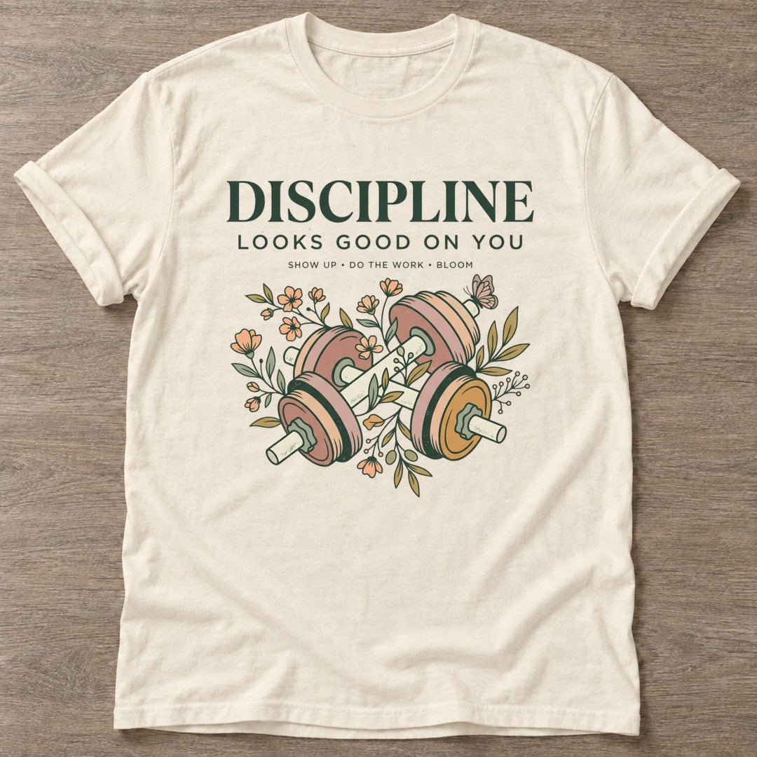 Natural Show Up Bloom T-shirt — floral strength design, for women who train